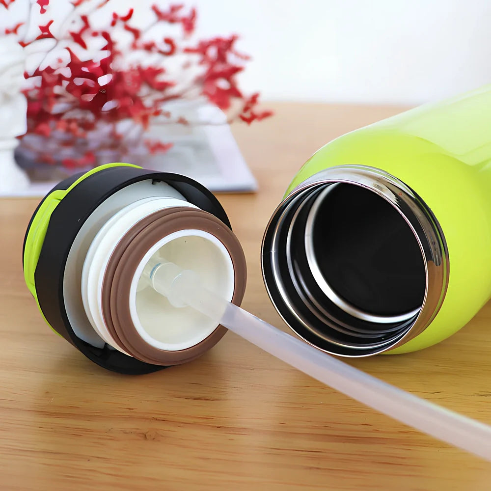 500ml stainless steel sport thermos water bottle in pink, black, green, and silver colours showing straight-cut design