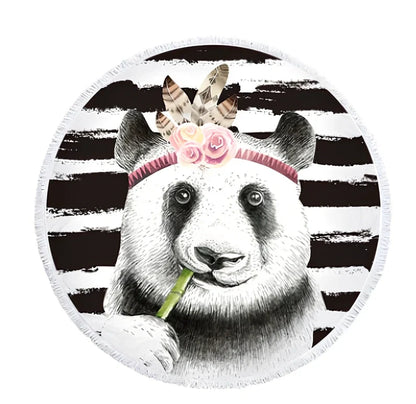 Round blue beach towel with panda design showing 140cm diameter and cushion roll function
