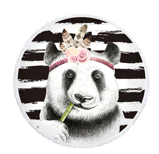 Round blue beach towel with panda design showing 140cm diameter and cushion roll function