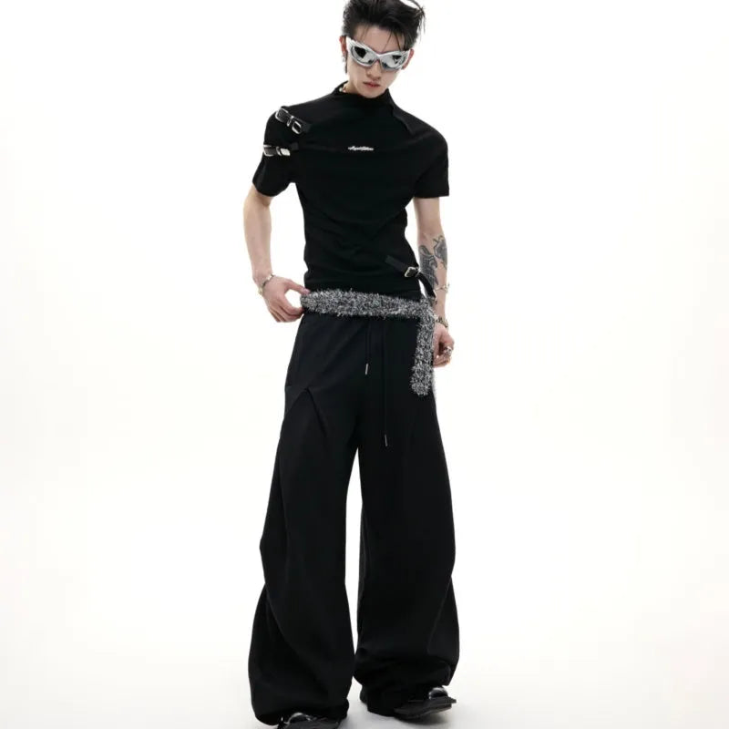 Men's black slim fit cotton T-shirt with a metal belt detail on the stand-up collar.