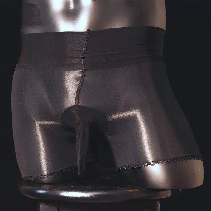 Men's shiny transparent stockings underwear with U-shaped design in nylon fabric