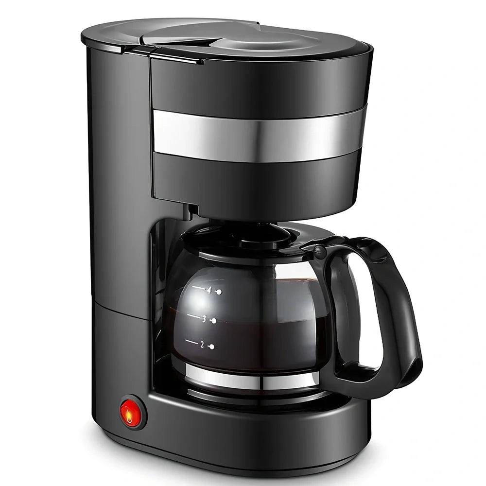 Black automatic drip coffee maker with glass pot, 0.65L capacity for 4-6 cups
