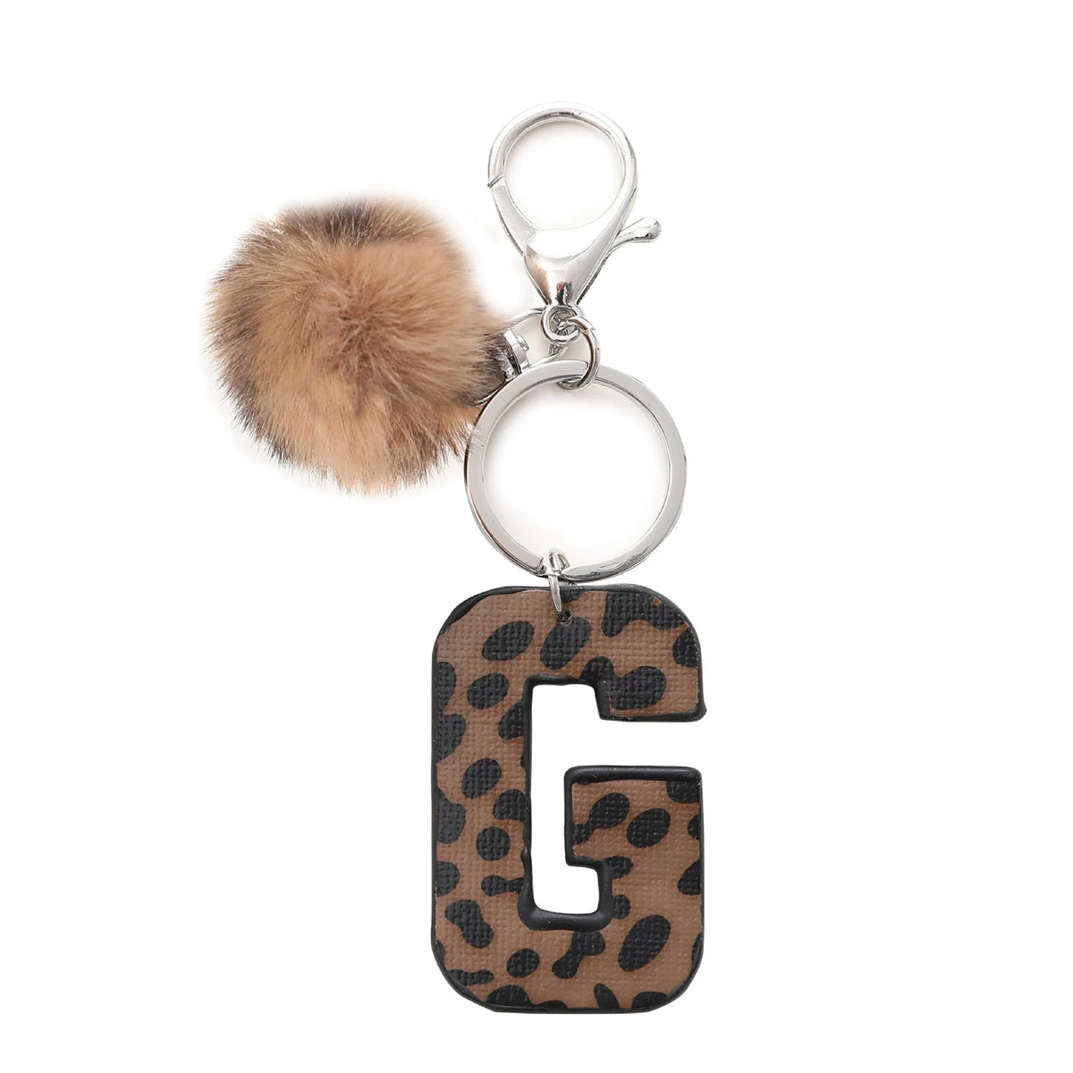 Leopard-print artificial leather keychain with oil-edged acrylic letter and included key ring, retro style