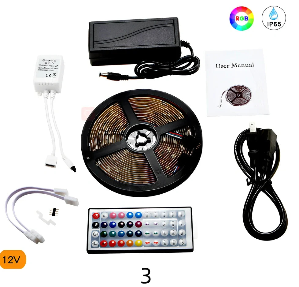 5 metre colour changing LED strip with remote control showing multiple colour options