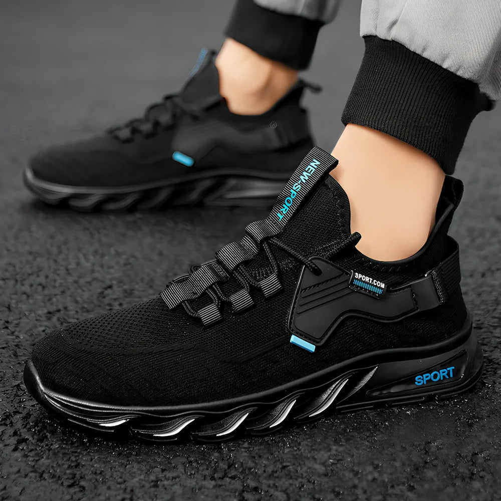 Black and blue Flying Woven Breathable Mesh Shoes with flat heel and rubber sole, EU 39-44 sizes for sports