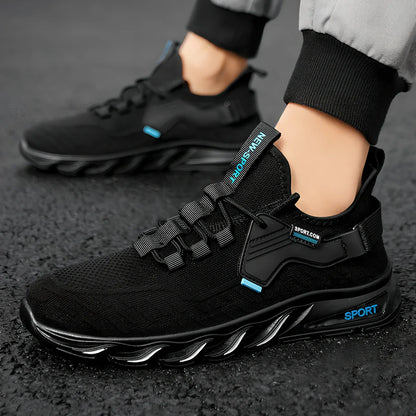 Black and blue Flying Woven Breathable Mesh Shoes with flat heel and rubber sole, EU 39-44 sizes for sports