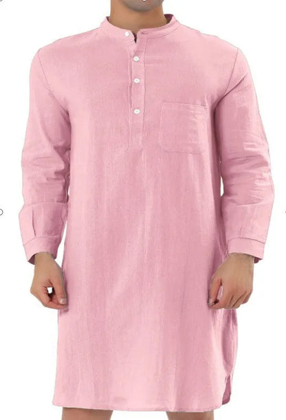 Men's cotton shirt robe in a light blue colour with a front chest pocket and button front.