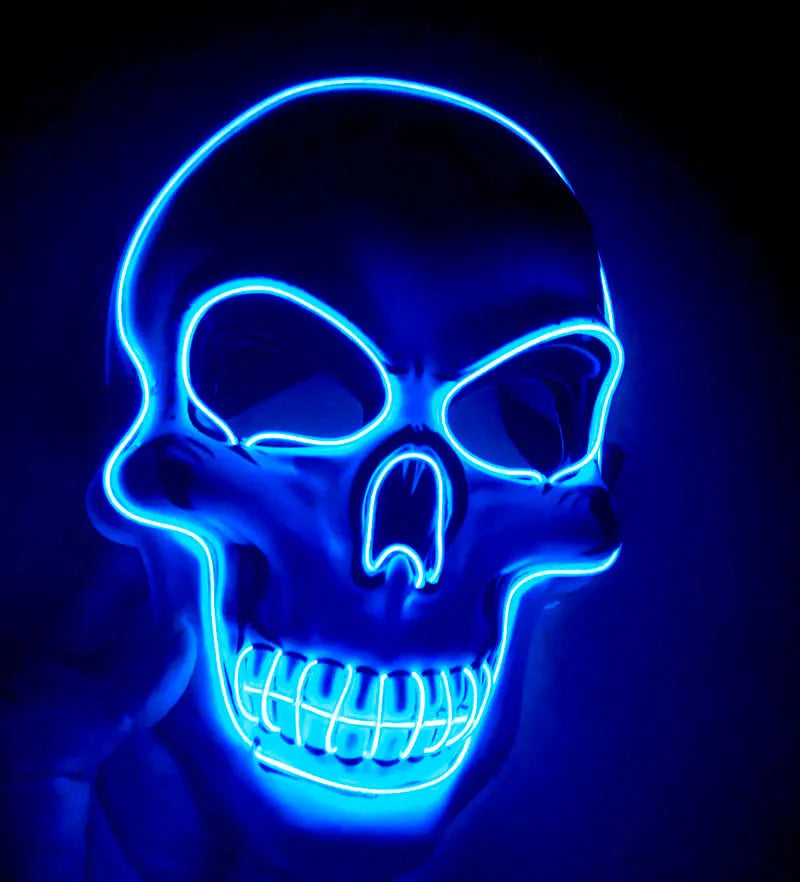 Blue LED glow skeleton mask with flashing lights on a person's face