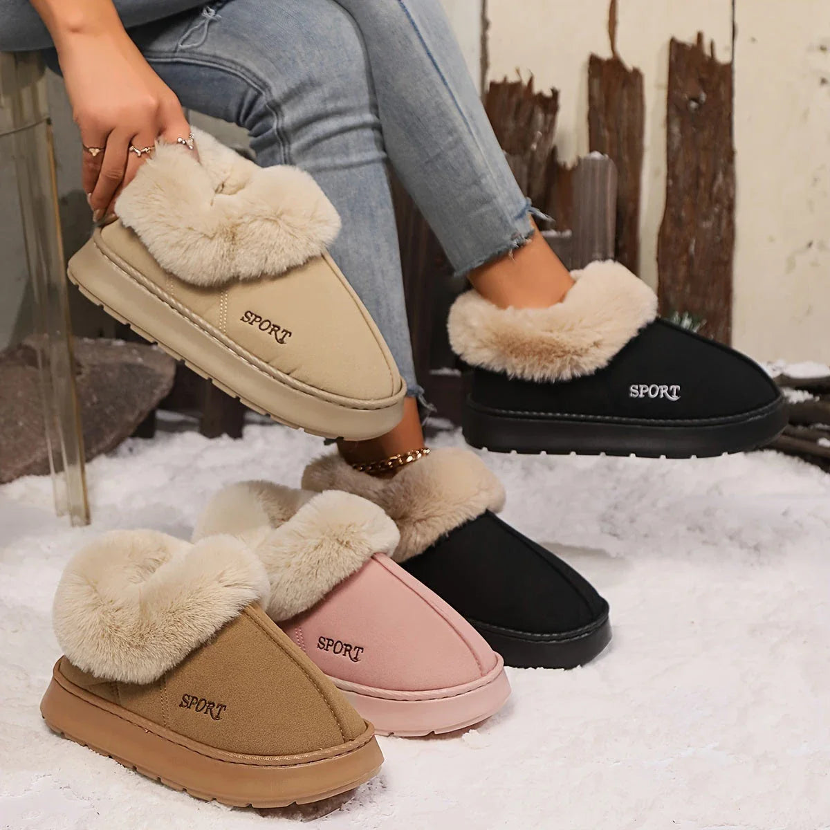 Cozy plush slippers for women with soft faux fur lining, non-slip platform, and comfortable fit for indoor wear