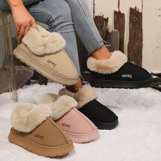 Cozy plush slippers for women with soft faux fur lining, non-slip platform, and comfortable fit for indoor wear