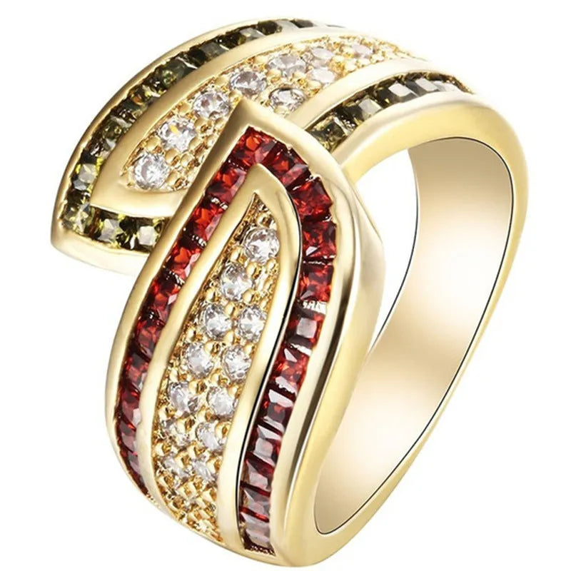 Gold-coloured women's peridot ring with synthetic green stone on alloy band