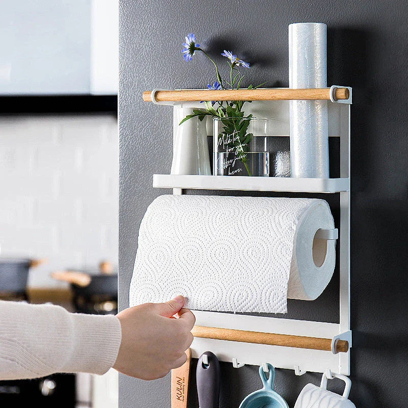 Magnetic Refrigerator Organizer with six hooks, wooden crossbar, and sleek matte metal finish