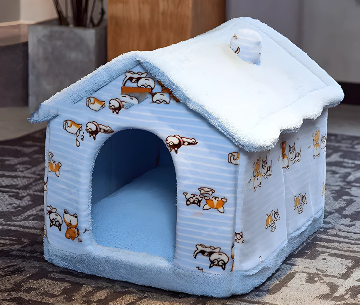 Removable washable plush pet bed house for cats and small dogs, closed yurt shape, available in brown, yellow, grey, blue and pink