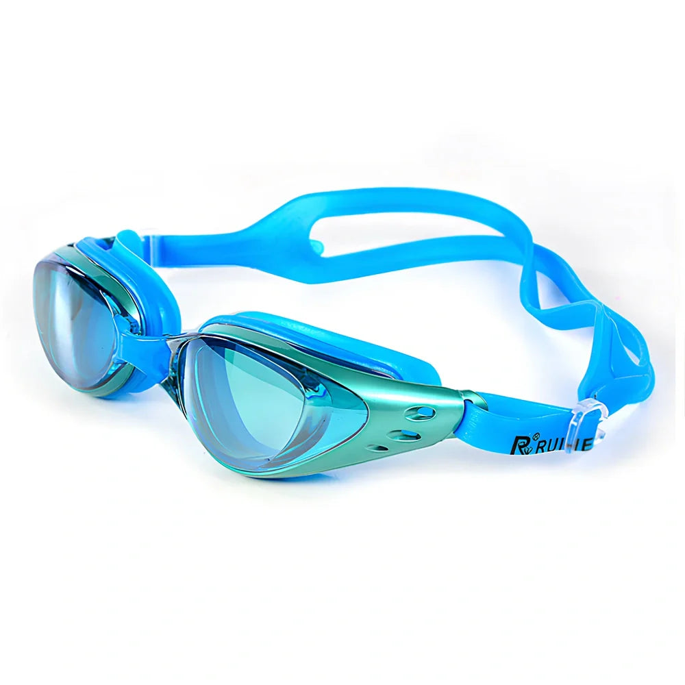 Anti-fog swimming goggles with UV-resistant mirror lenses and silicone straps in multiple colour options