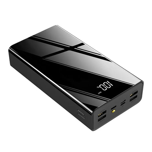 Large black and red 40000 mAh power bank with LCD display showing battery percentage