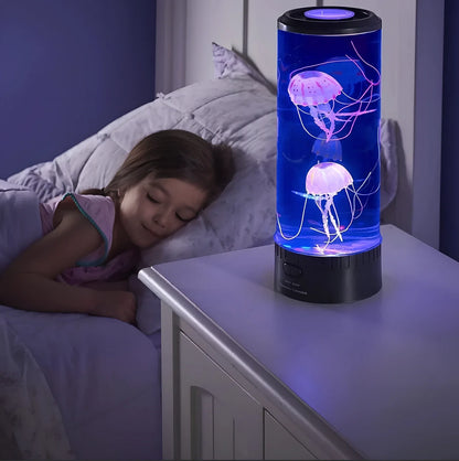 LED jellyfish aquarium lamp showing volcanic bubble effect with colour-changing lighting in black finish