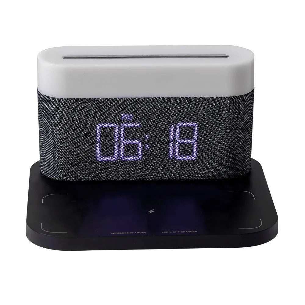 Four-in-one table lamp with clock and wireless phone charger, 12V Micro USB, White or Black