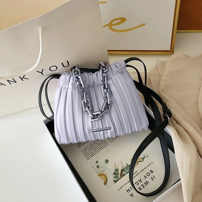 Korean-style women's PU bucket bag with acrylic chain in various colors