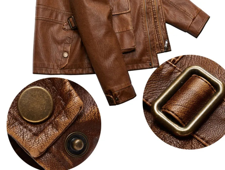 Men's PU leather jacket with velvet lining, available in khaki, black, and brown, sizes L to 5XL