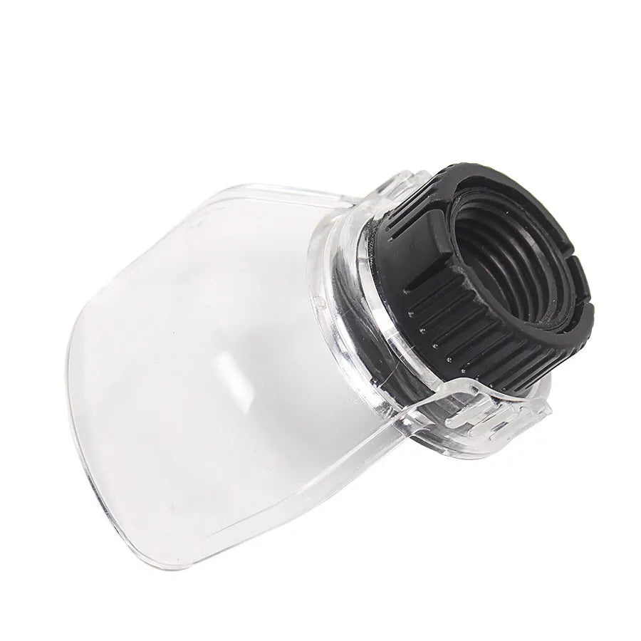 Transparent plastic horn safety cover for Delta angle grinder, showing clear face shield.