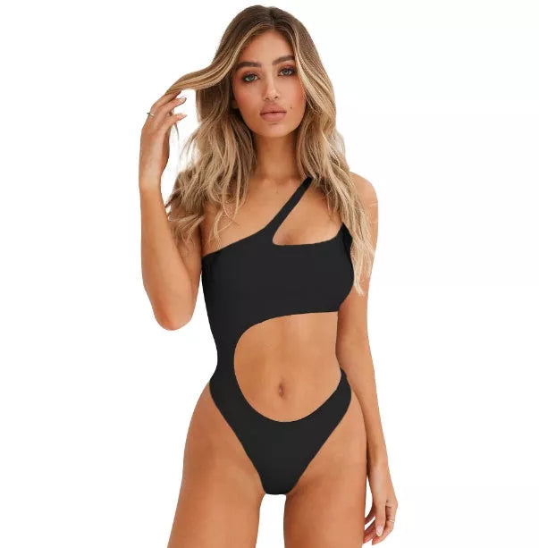 Women's single shoulder hollow waist one-piece swimsuit in solid colors