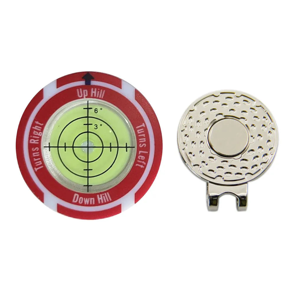 Golf level hat clip measurement device with green level markings and position marks for putting alignment