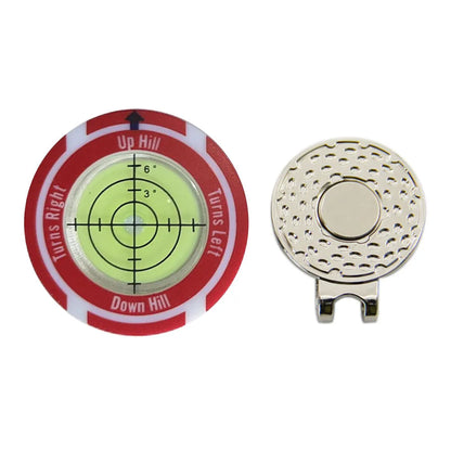 Golf level hat clip measurement device with green level markings and position marks for putting alignment
