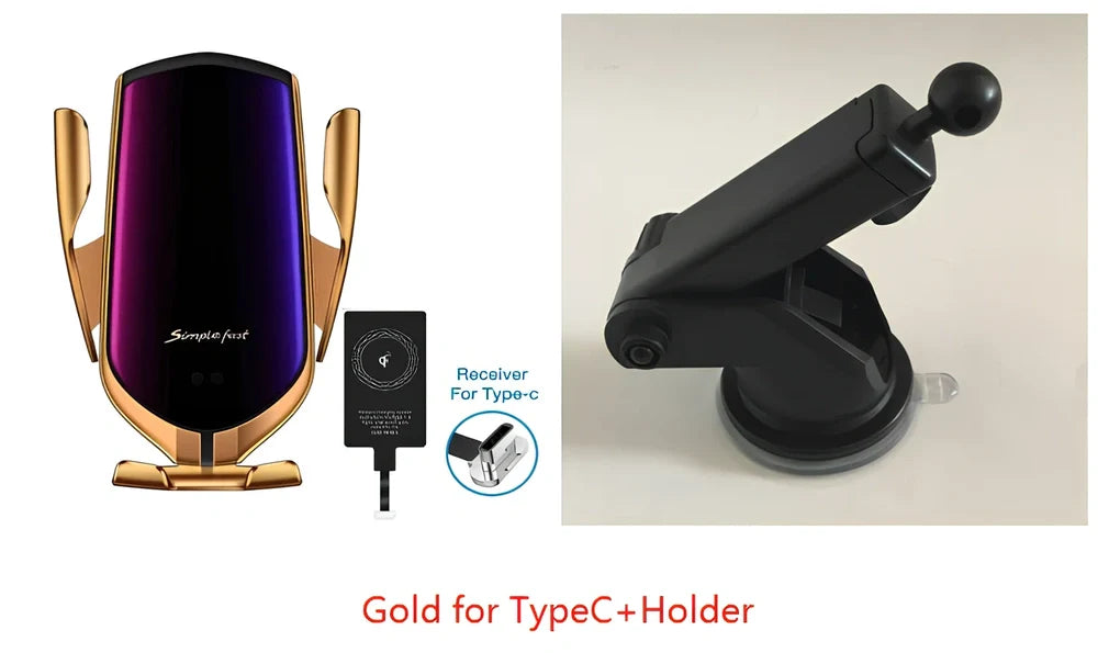 Black car wireless charger phone holder with suction cup mount and 360-degree rotation on a dashboard