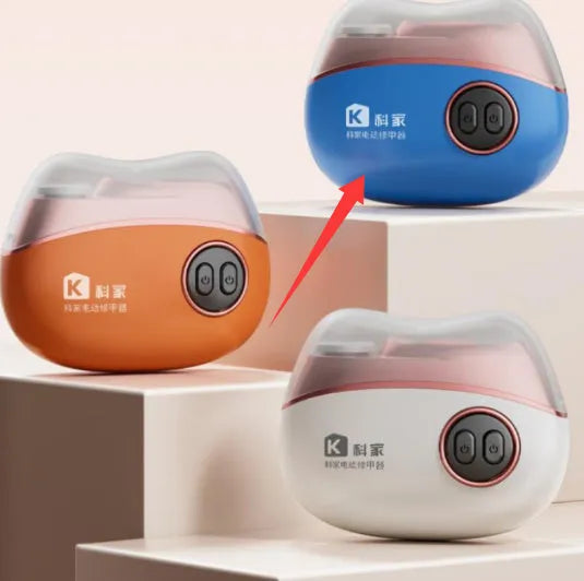 Electric nail clippers with polishing function in blue, orange, or white colour with Type-C charging cable
