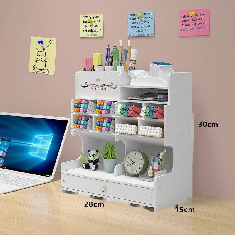 Square plastic pen holder storage box with multiple grid compartments for stationery organisation.