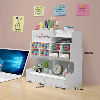 Square plastic pen holder storage box with multiple grid compartments for stationery organisation.