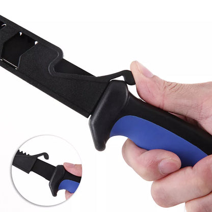 Stainless steel fishing knife with blue handle and protective cover