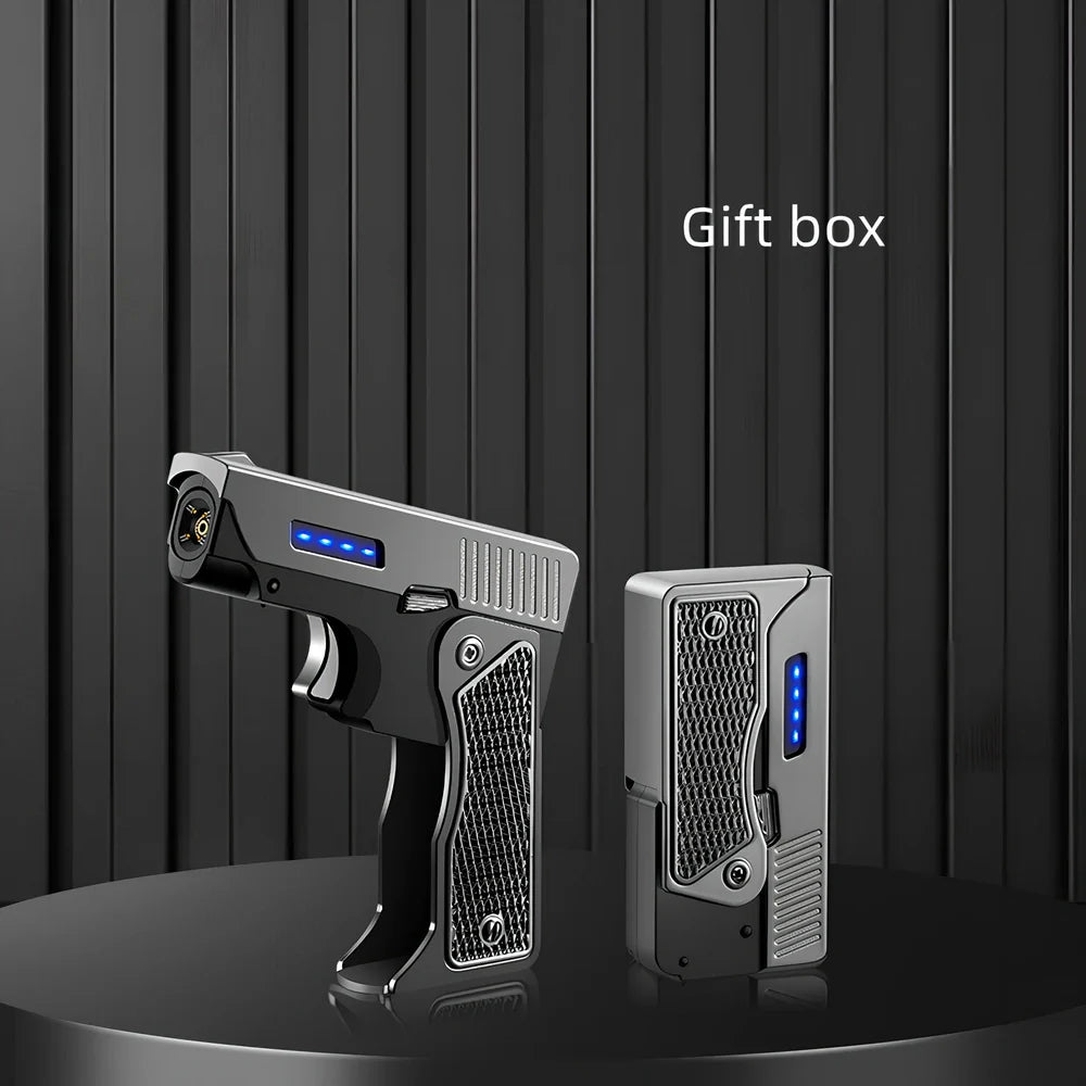 Foldable wind proof lighter showing extended and folded positions with USB charging cable