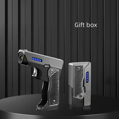 Foldable wind proof lighter showing extended and folded positions with USB charging cable