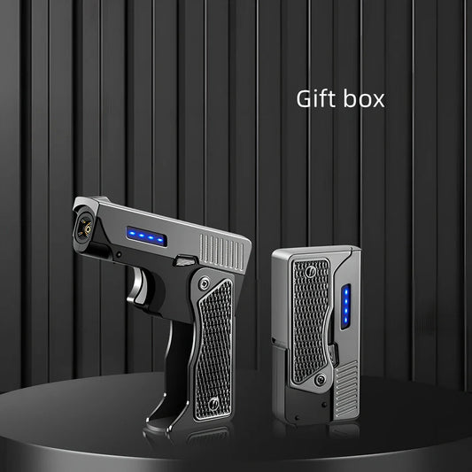 Foldable wind proof lighter showing extended and folded positions with USB charging cable