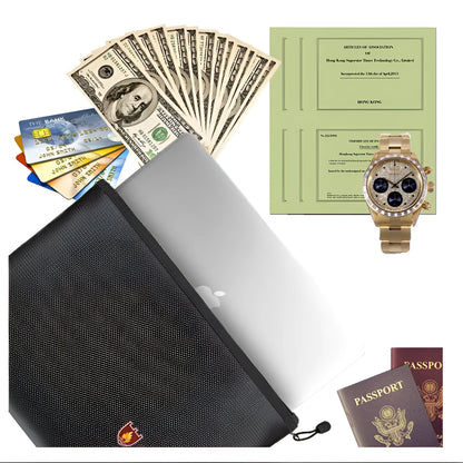 Black fire-proof contract document bag shown in three sizes for business paperwork storage
