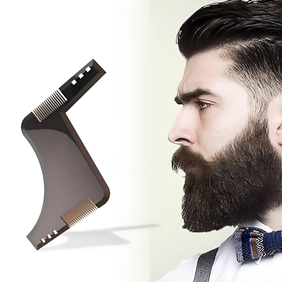 Zafrani double-sided beard comb in transparent black, ABS plastic, approximately 17cm by 11.5cm
