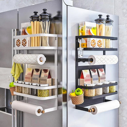 Black magnetic shelf mounted on refrigerator with spices and condiments organised neatly