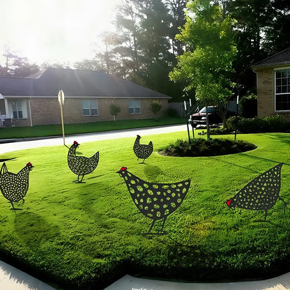 Set of powder-coated metal chicken yard art stakes, sizes 15-35 cm, with lifelike hen silhouettes for garden decor