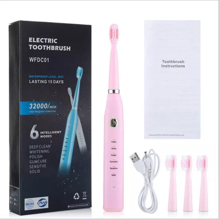 USB Charging Electric Toothbrush in White, Pink, and Blue with 4 Replacement Heads