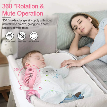 Cute animal-themed mini desk fan with 3 wind speeds, USB rechargeability, and LED lights for strollers, beds, and outdoor use
