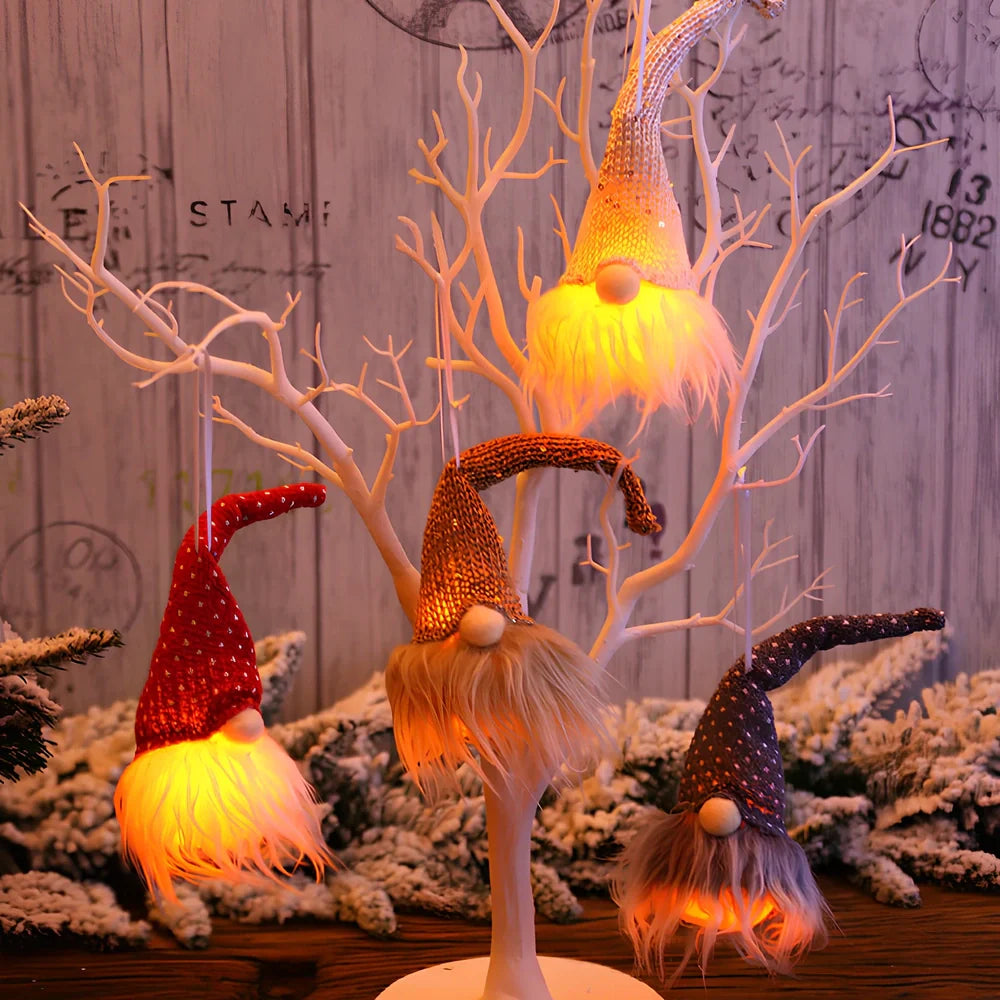 Handmade Swedish gnome Christmas decoration with warm LED lighting and snowflake details
