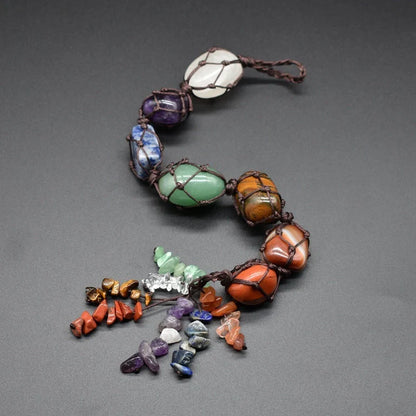 Handwoven natural stone 7 chakra car pendant with irregular design, approximately 31.5cm in length