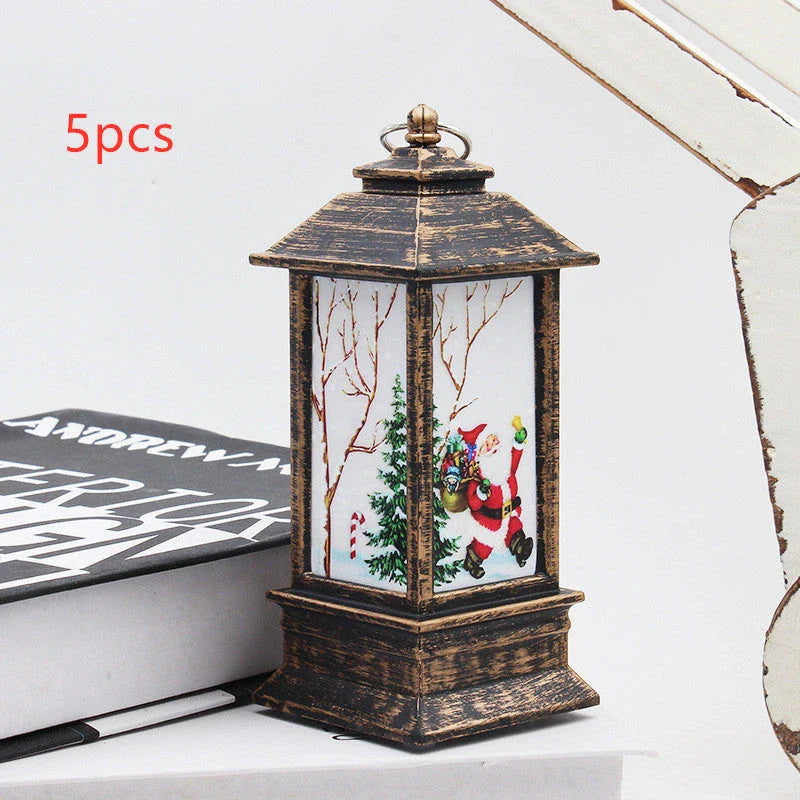 Festive LED Christmas lanterns with Santa Claus, snowman, and other holiday-themed designs