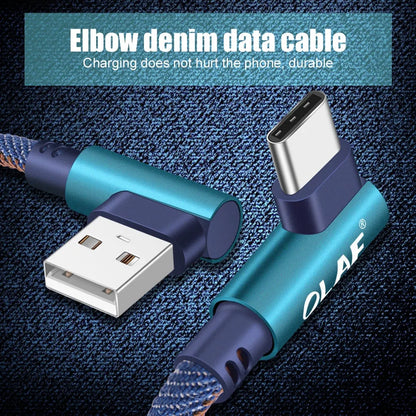 USB fast charging cable with a denim fabric exterior and aluminium connectors, shown in multiple colour options.