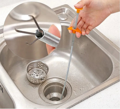 Stainless steel sewer dredge spring drain cleaning tool with a black PP handle.