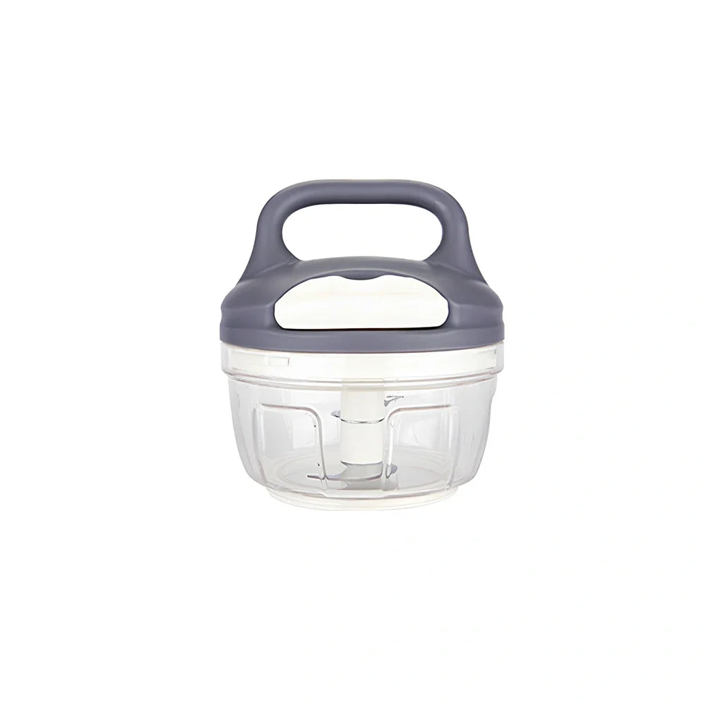 Gray household kitchen vegetable chopper with 200ml capacity and stainless steel blades measuring 10.5cm × 9.5cm