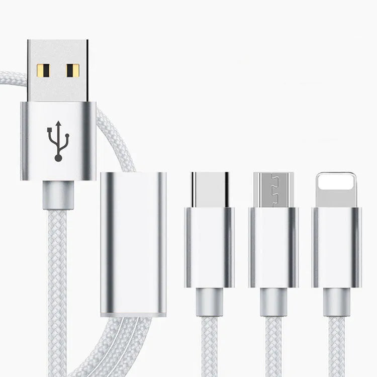 Three-in-one mobile phone charging cable in multiple colours with a 1.2m length.