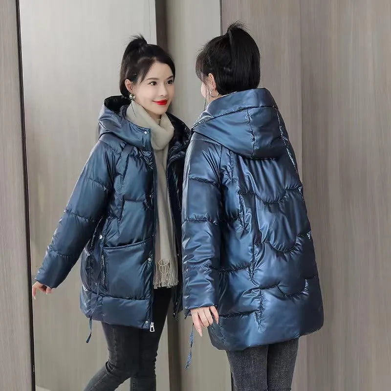 Women's winter hooded down jacket in ultra-thin acrylic fabric, available in four colours and sizes for 40-85kg weight range