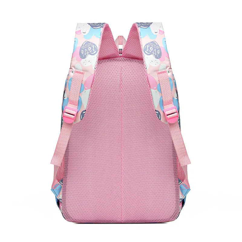 Student schoolbag with air pillow belt in blue, grey, pink, or rose red, made from Oxford cloth for burden reduction.